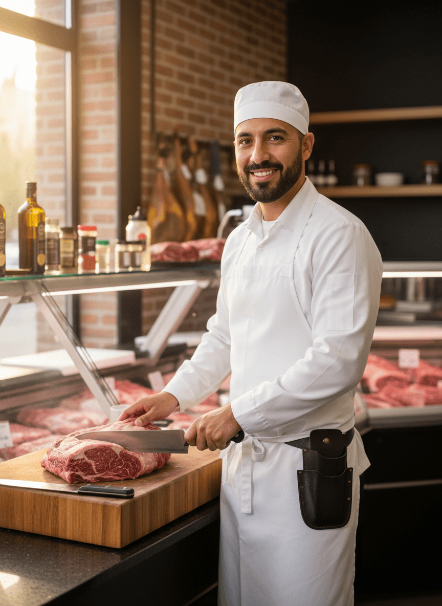 Expert butcher preparing fresh meat cuts at La Calidad