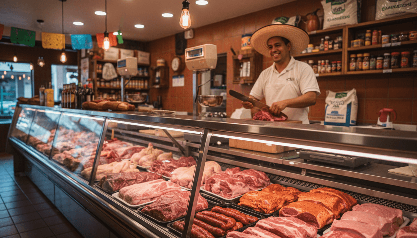 La Calidad Meat Market interior with fresh premium meats and expert butcher